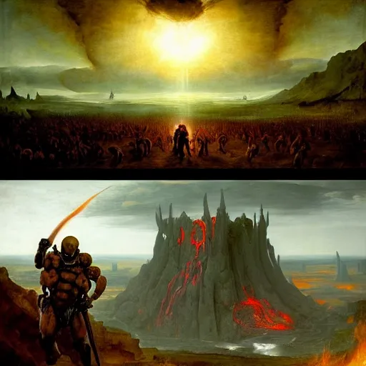 Prompt: doom eternal concept art by brueghel, epic movie still frame of hell by jakub rozalski, garden of eternal delights hell by hieronymus bosh