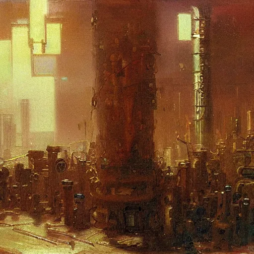 Image similar to cyberpunk network of pipes, by Ilya Repin