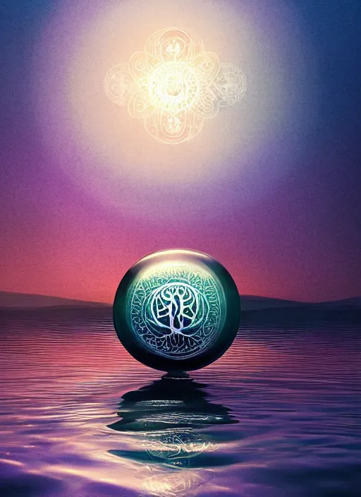 Image similar to transparent horizontally centered crystal ball floating over a serene lake, tree of life inside the ball, intricate details, radiant light, reflections on the water, ripples, moody sky, hyperdetailed illustration by yuumei, by mark brooks, john harris, artstation, low global light, coherent composition