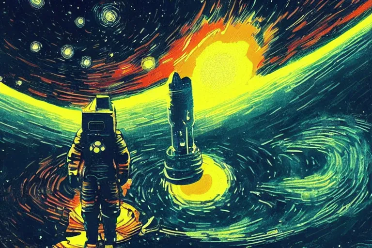 Prompt: digital painting of an astronaut in space, by paul lehr and vincent di fate and van gogh, highly detailed, intricate, science fiction, galaxies, stars, supernova, black hole, galaxy, planet, void, artstation, portrait, cinematic lighting, studio ghibli color pallette, neon lights, trippy, retrofuturism, portrait