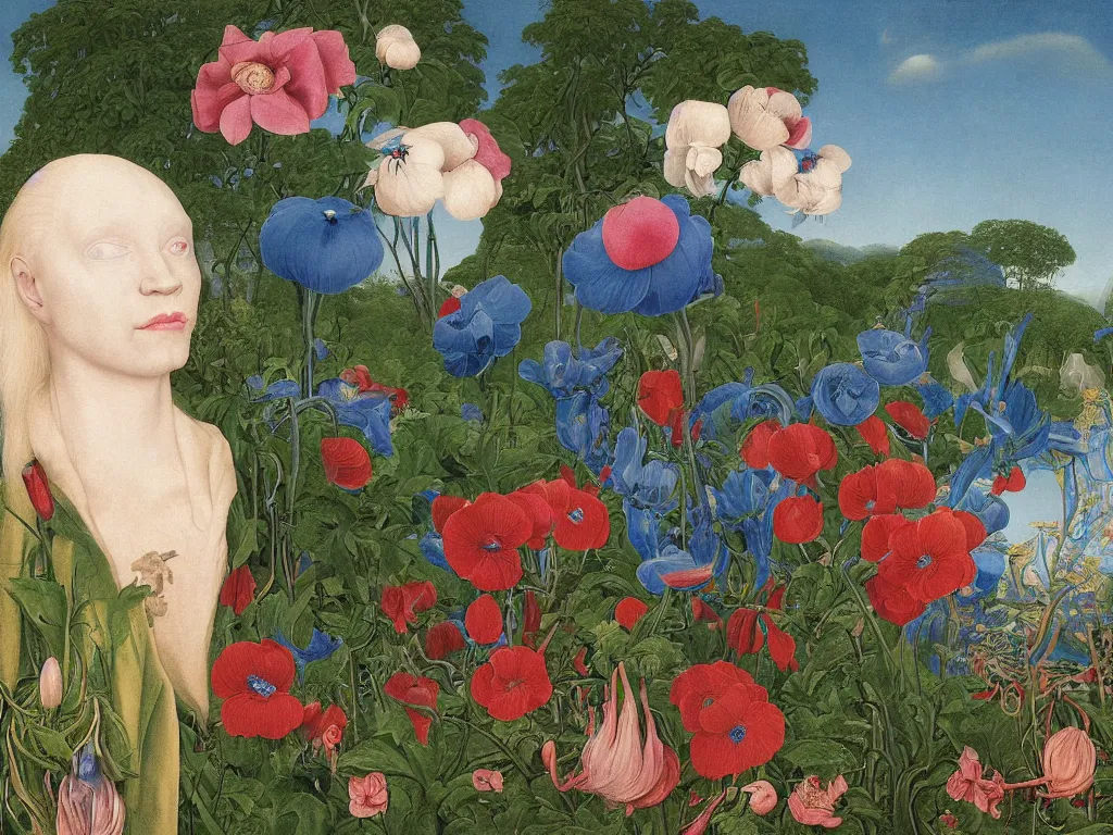 Image similar to Portrait of albino mystic with blue eyes, with beautiful exotic anemone. Landscape with orchard in bloom. Painting by Jan van Eyck, Audubon, Rene Magritte, Agnes Pelton, Max Ernst, Walton Ford