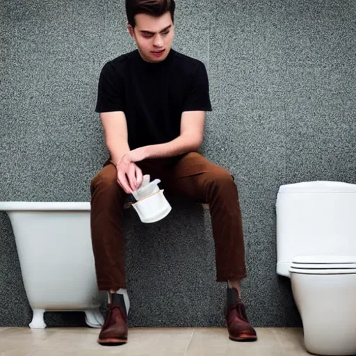 Image similar to a thoughtful wealthy young man sitting on top of the toilet drinking coffee and scrolling tiktok on his iphone, distant thoughtful look