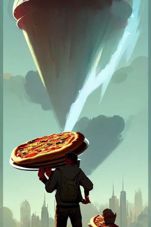 Prompt: greg rutkowski travel poster science fiction pizza delivery boy