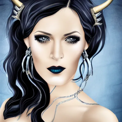 Prompt: portrait of a beautiful woman with horns, large piercing blue eyes, long wavy black hair, long black dress with silver jewels, black bat wings on back, detailed background