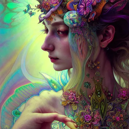 Image similar to An extremely psychedelic fairy queen, surreal, dramatic lighting, magic mushrooms, psilocybin, LSD, face, detailed, intricate, elegant, lithe, highly detailed, digital painting, artstation, concept art, smooth, sharp focus, illustration, art by Krenz Cushart and Artem Demura and alphonse mucha