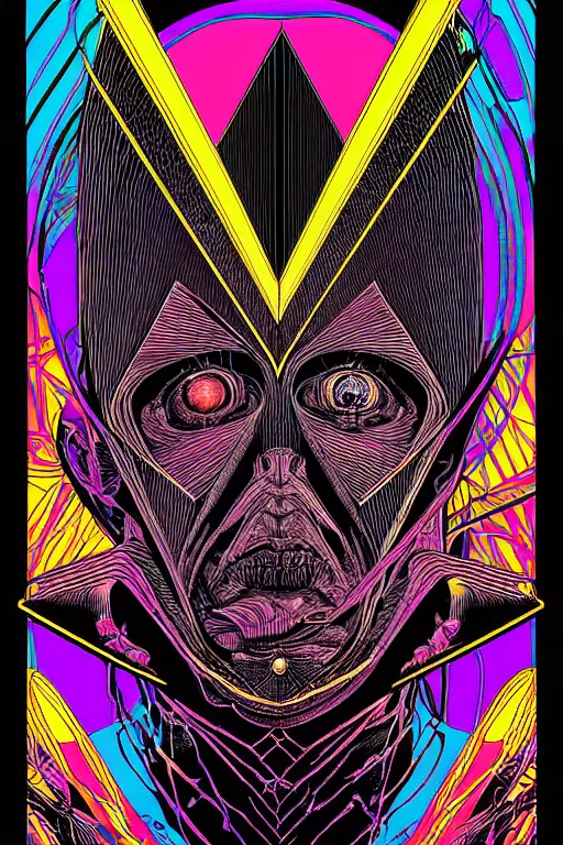 Prompt: portrait of black and psychedelic straight lines poster art by dan mumford, moebius, goblinko, richard corben, wayne barlowe, heavy metal comic cover art, psychedelic triangular skeleton, very intricate, thick outline, full body, symmetrical face, long black crown, in a shapes background, galactic dark colors