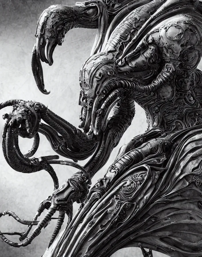 Image similar to engineer prometheus, xenomorph alien, highly detailed, symmetrical long head, smooth marble surfaces, detailed ink illustration, raiden metal gear, cinematic smooth stone, deep aesthetic, concept art, post process, 4k, carved marble texture and silk cloth, latex skin, highly ornate intricate details, prometheus, evil, moody lighting, hr geiger, hayao miyazaki, indsutrial Steampunk