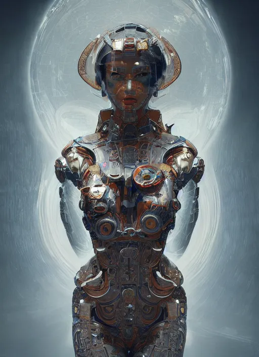 Image similar to portrait of a futuristic geisha cyborg, kintsugi, modern fine art, fractal, intricate, elegant, highly detailed, digital photography, subsurface scattering, by jheronimus bosch and greg rutkowski,