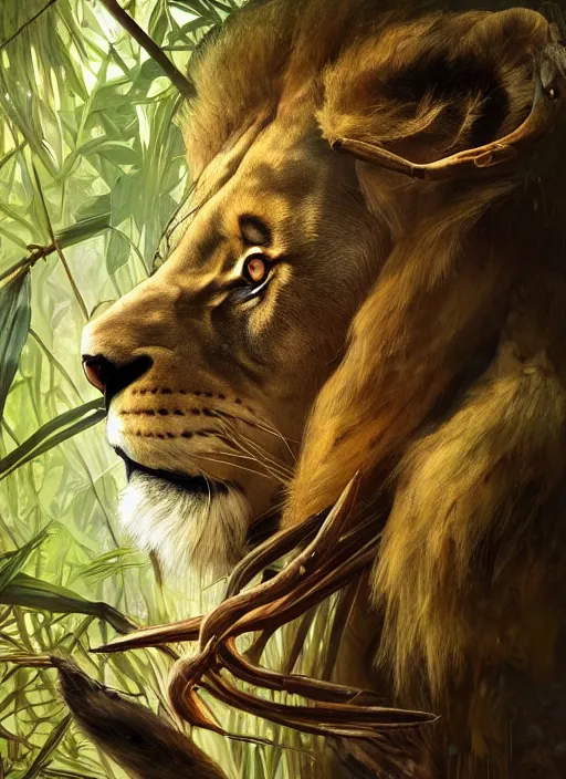 Prompt: perfectly - portrait of a wild huntress living in the jungle wearing a dead lions skin, intricate, highly detailed, digital painting, artstation, concept art, smooth, sharp focus, illustration, unreal engine 5, 8 k, art by artgerm and greg rutkowski and alphonse mucha