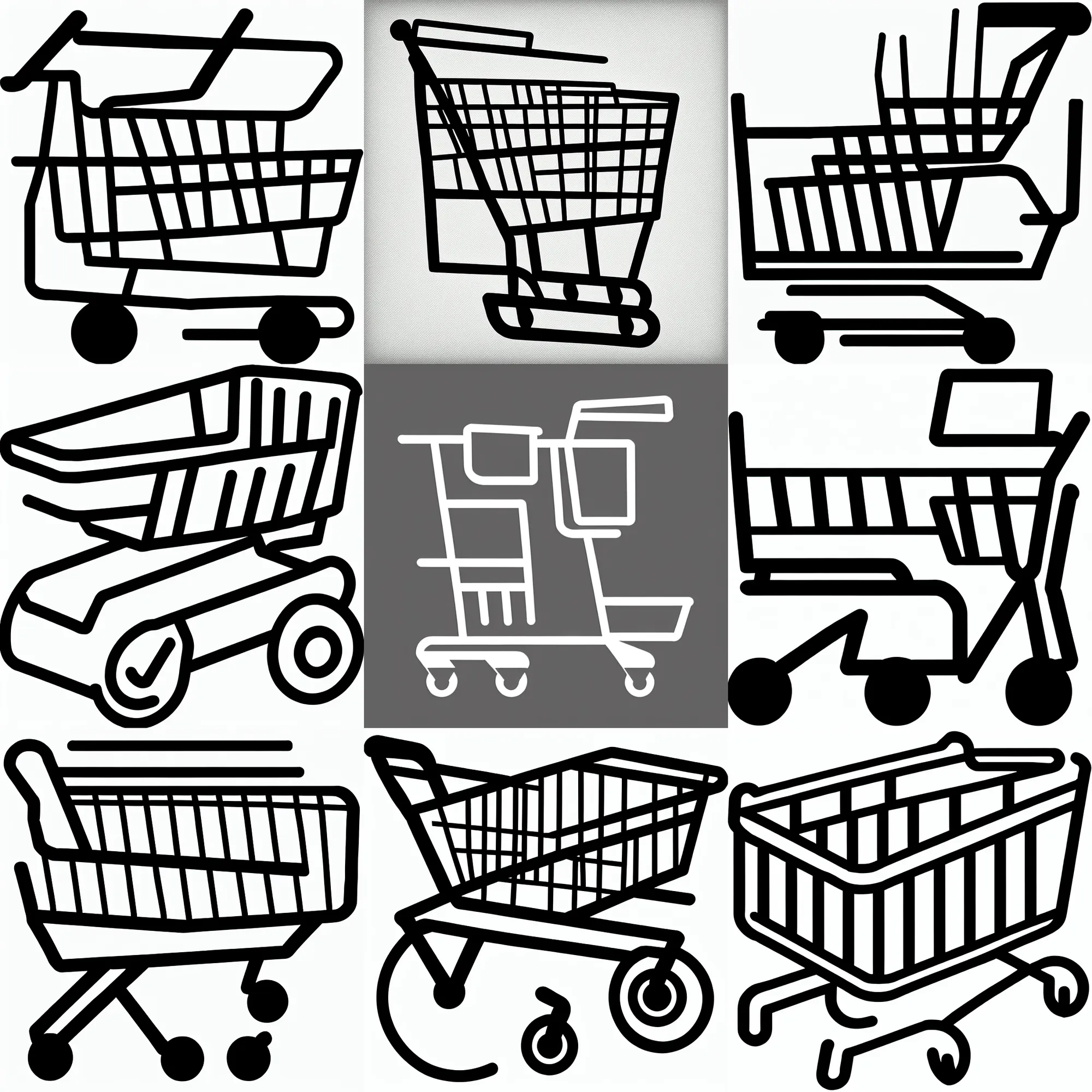 Prompt: shopping cart icon, graphic design, black and white