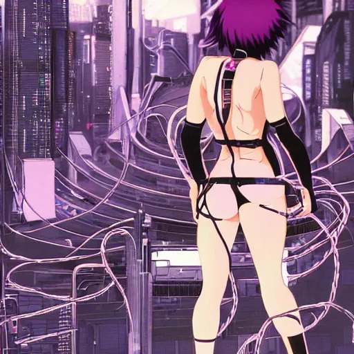 Prompt: beautiful cyberpunk anime style illustration of motoko kusanagi seen from behind, seated on the floor in a tech labor with her back open showing a complex mess of cables and wires coming out of her head, by masamune shirow and katsushiro otomo, studio ghibli color scheme
