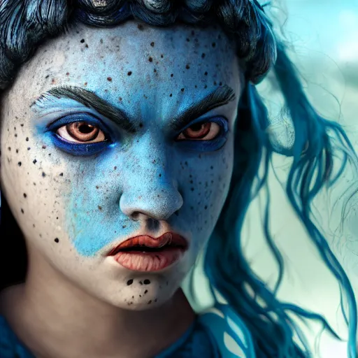 Prompt: close up headshot of a dnd Triton girl with blue skin and messy black hair sitting on the deck of a ship and holding an apple, a little blue-skinned girl with messy black hair sharp pointed ears freckles along the ridges of her cheeks, dnd triton, high resolution film still, 4k, HDR colors