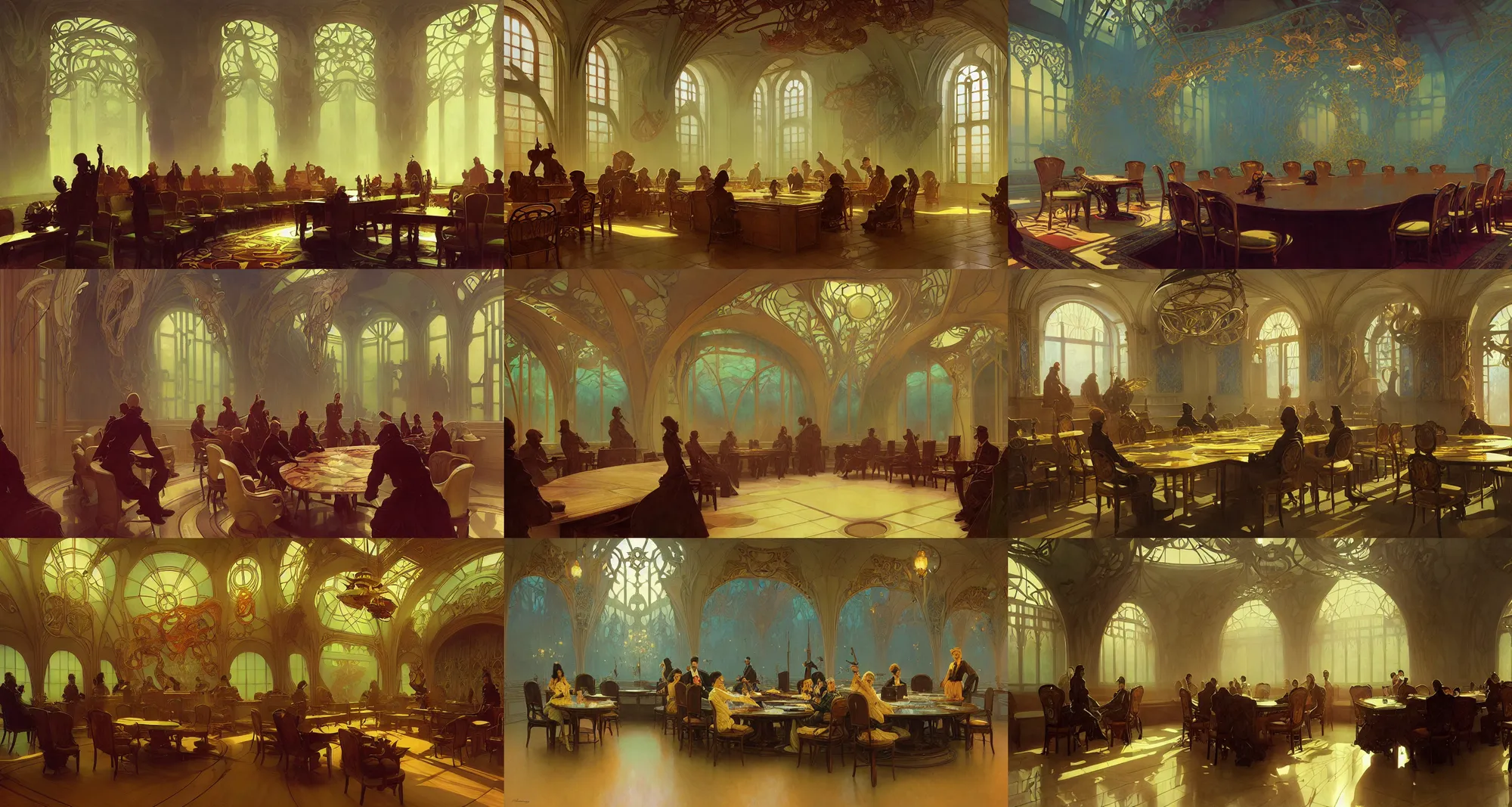 Prompt: meeting room, art nouveau architecture, fantasy, art by joseph leyendecker, ivan aivazovsky, ruan jia, reza afshar, marc simonetti, alphonse mucha