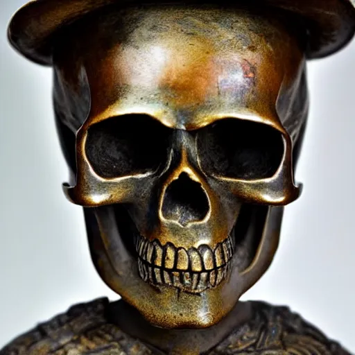 Image similar to close up shot of an old bronze patina statue of a skull with a samurai hat