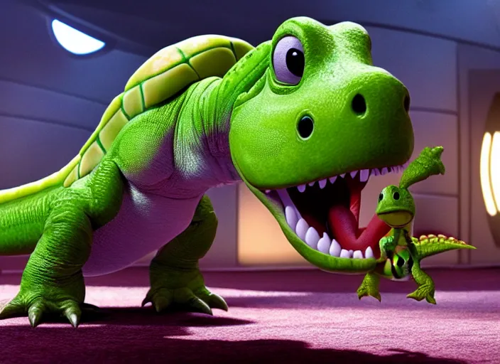 Image similar to film still of yoshi in the new sci - fi movie, cute upright dinosaur with a small turtle shell and long tongue, 8 k