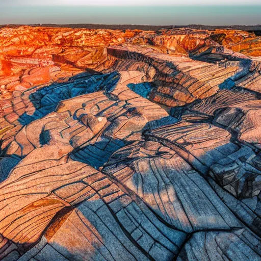 Image similar to bottom-up view from a huge deep multicoloured rock quarry in the evening light ultra detailed by National Geographic style, golden hour, atmospheric lighting, 8k resolution, best color graded, vray beautiful, hyper-realistic render W 1080 H 1080