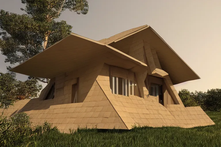 Image similar to photo of a comfy polygonal house designed in the style of seppo mantyla, 4 k, realistic render