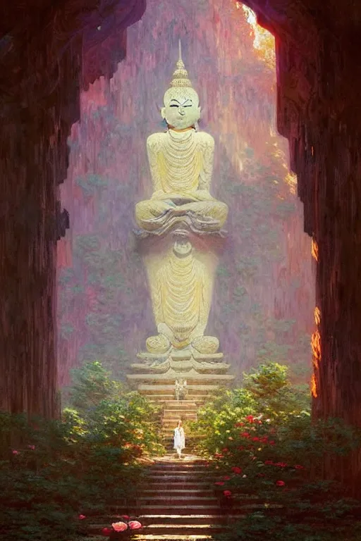 Image similar to temple. buddhism, impressionnisme, painting by greg rutkowski, artgerm, claude monet