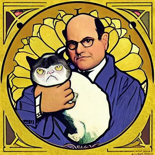 Prompt: “ george costanza from seinfeld holding grumpy cat, art nouveau, by alphonse mucha ”