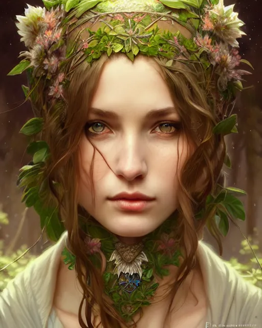 Image similar to beautiful female druid, portrait, fantasy, young, detailed, hyperrealism, intricate, leaves and simple cloth, dynamic lighting, digital art, digital painting, artstation, wlop, sharp focus, illustration, art by artgerm and greg rutkowski and alphonse mucha, 8 k