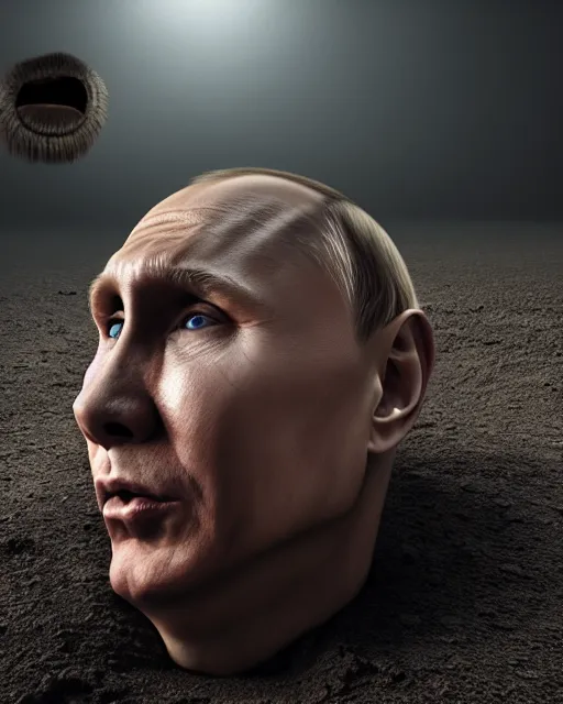 Prompt: hyper-realistic image of Putin shot dead in front of a bunker, scary, weird, surprising, worms on face, sharp focus, cinematic lighting, illustration, art, octane render