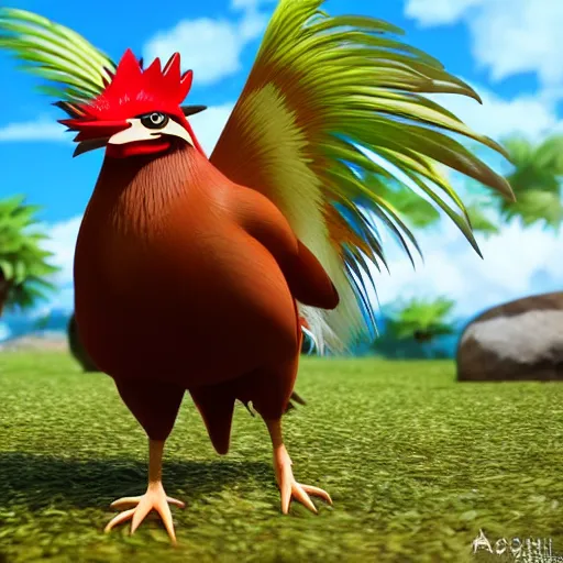 Image similar to a pokemon that looks like a Rooster. A coconuts pokemon. The body half coconuts half rooster,Trending on art station. Unreal engine.