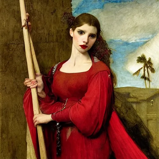 Image similar to emma roberts as a bandit queen, goddes of the vampires, red silk dress, bloodshot eyes by edgar maxence and caravaggio and michael whelan and delacroix