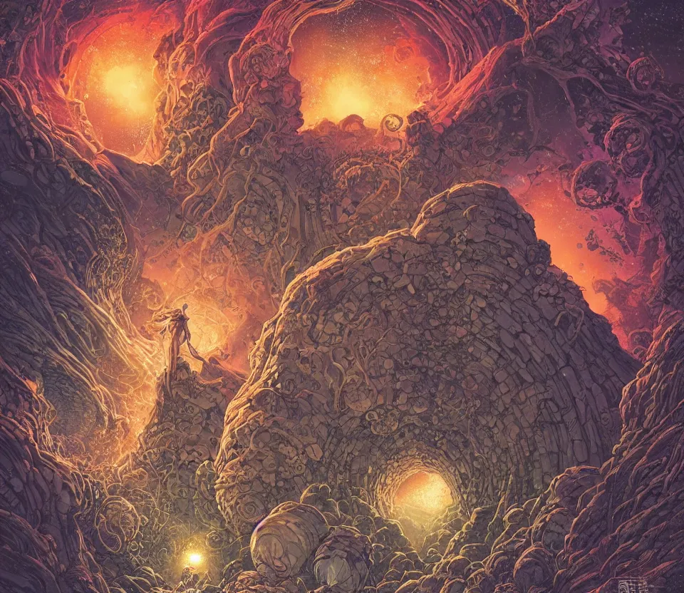 Image similar to a beautiful ultradetailed comic cover art of a gigantic carved stone-arched ancient portal to cosmic nebulae, with glowing jellyfish creatures and fireflies flying around, by Laurie Greasley and Peter Mohrbacher and Quentine Mabilles and Dan Mumford, tarot card art, detailed shading, cyberpunk, dramatic lighting