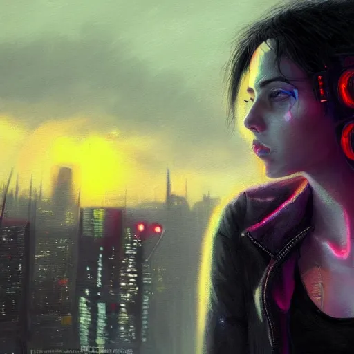 Prompt: molly millions, closeup portrait of a young beautiful cyberpunk woman, eye implants, black hair in a rough shag, sunset, neuromancer, street samurai, cyberpunk city background, megacity, gorgeous view, depth, painted by seb mckinnon, high detail, digital art, painted by greg rutkowski, trending on artstation