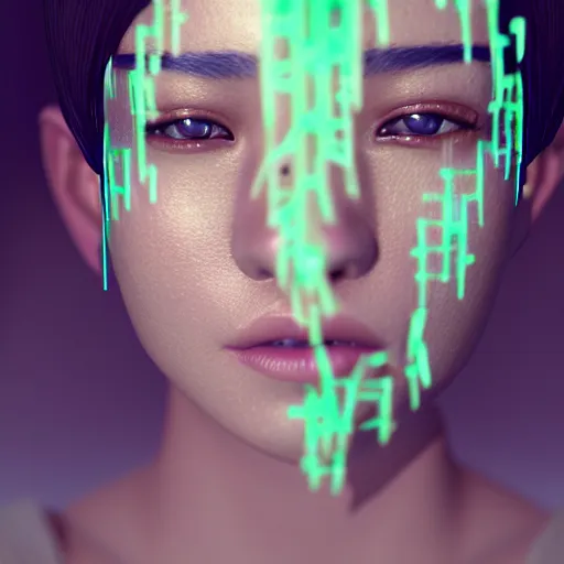 Image similar to intricate highly detailed face portrait of asian - european woman, light mint water vines on her face, intricate, cgsociety, unreal engine, octane render, sharp focus, smooth, volumetric lighting, cinematic composition, artstation