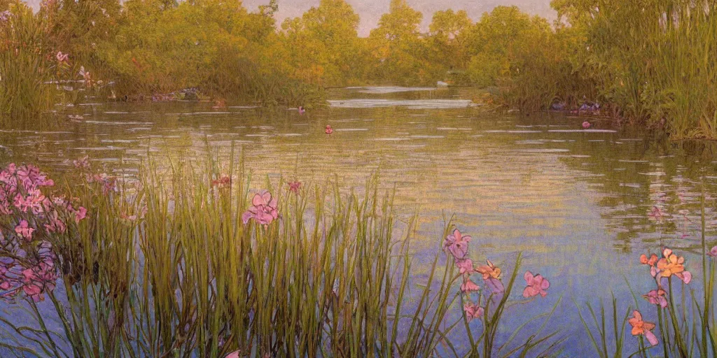 Prompt: a beautiful lake landscape in spring, romantic ambiente, reed on riverbank, no mountains, clear sky, sunshine, colorful, by Mohrbacher and Moebius and Alphonse Mucha and Roger Deakins, cinematic lighting, masterpiece, highly detailed, 8k resolution, trending on art station