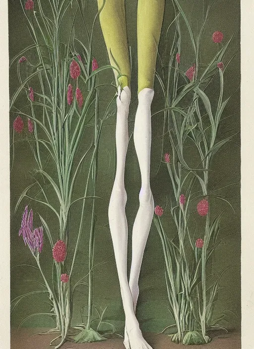 Image similar to fantasy scientific botanical illustration of a green tall plant walking around with human legs