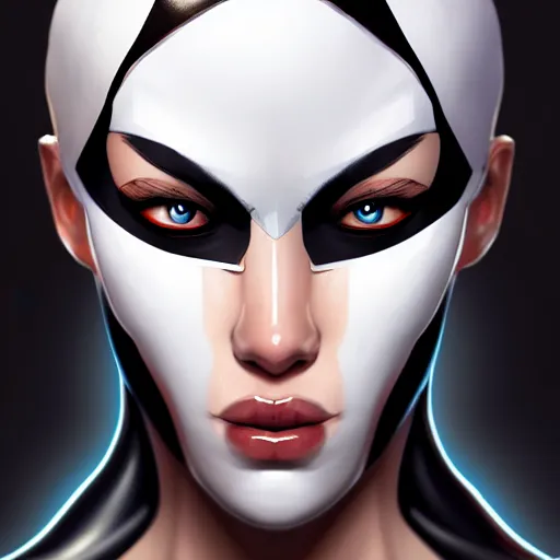 Image similar to Domino X-force pale purely white skin black spot over LEFT eye, highly detailed, digital painting, artstation, concept art, smooth, sharp focus, illustration, no spot over right eye