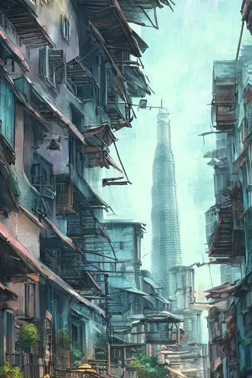 Image similar to backlane alley with kuala lumpur twin towers in the background, evening, highly detailed matte painting, studio ghibli, artstation