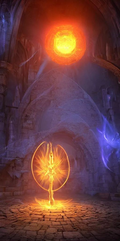 Image similar to wizard opening magical portal to a alternate world, dynamic lighting, medieval fantasy, lantern light glow, quasar, real fantasy, dark fantasy, magic spells, concept art, dreamy, render by octane and blender, hyper realistic, cinematic lighting, unreal engin 5, by dominic mayer, 8 k, vray render, artstation, deviantart