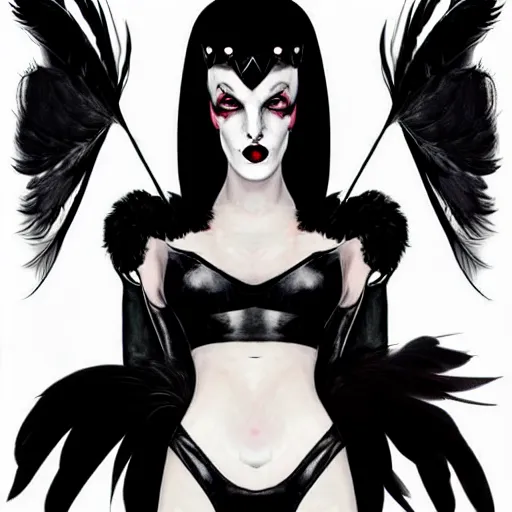 Prompt: portrait soft light, goth woman space vampira as dominant girlboss supervillain in black leather dress, black feathers instead of hair, black wings instead of arms, black feathers growing out of skin, transforming, grinning lasciviously, evil, sexy, by frank mccarthy and conrad roset, inspired by flash gordon, paintbrush, rough paper, fine,