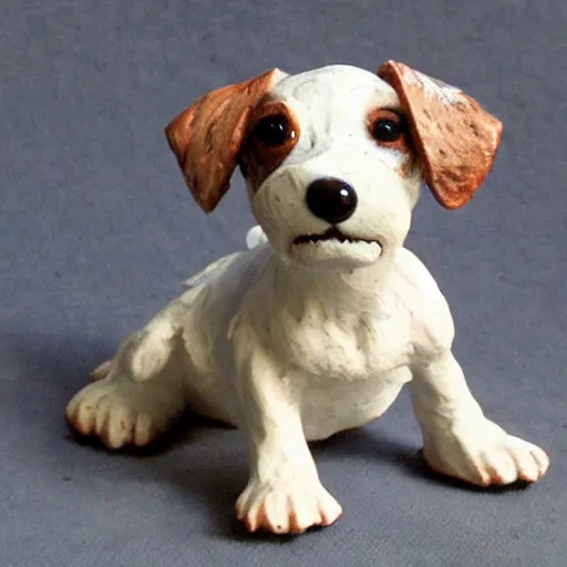Prompt: a high quality sculpture of a very cute scruffy wire haired jack russell terrier puppy, white with chocolate brown spots, brown patches over both eyes. friendly, curious expression. painting by rembrandt
