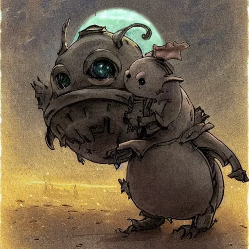 Prompt: ( ( ( ( ( grey lovecraftian mechanized pikachu demon from howl's moving castle ( 2 0 0 4 ), with a big head, on a desert road, wide shot, in front of a big moon. muted colors ) ) ) ) ) by jean - baptiste monge!!!