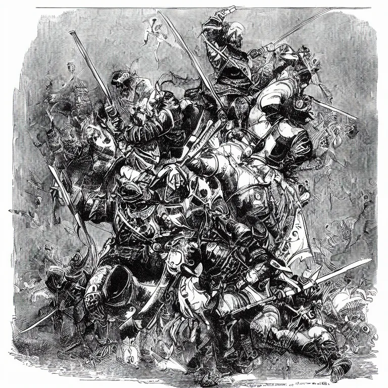 Image similar to a walther caspari illustartion in lustige blatter in 1 8 9 9 of a barbarian armored with swords and metal skulls, black and white pen an ink drawing