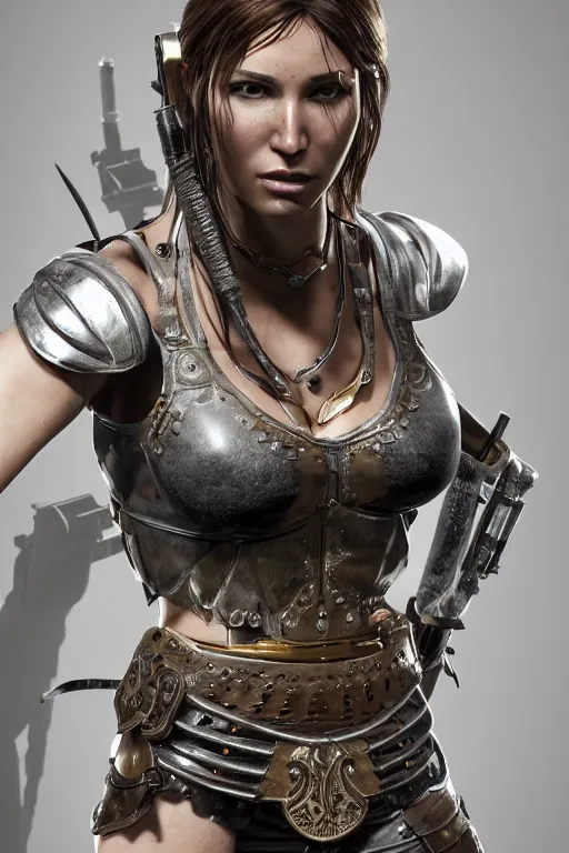 Image similar to hyper realistic glorious ancient celtic lara croft in a obsidian metal armor, futuristic design, designed by makoto kobayashi and luca zampriolo, portrait, cyberpunk style, wood and gold details, intricate, extremely detailed, ornate, deep of field, hard surface, exoskeleton, substance designer metal