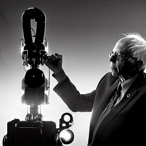 Image similar to bernie sanders putting the finishing touches on a magical clockwork doomsday robot, black and white photo, cinematic moody lighting