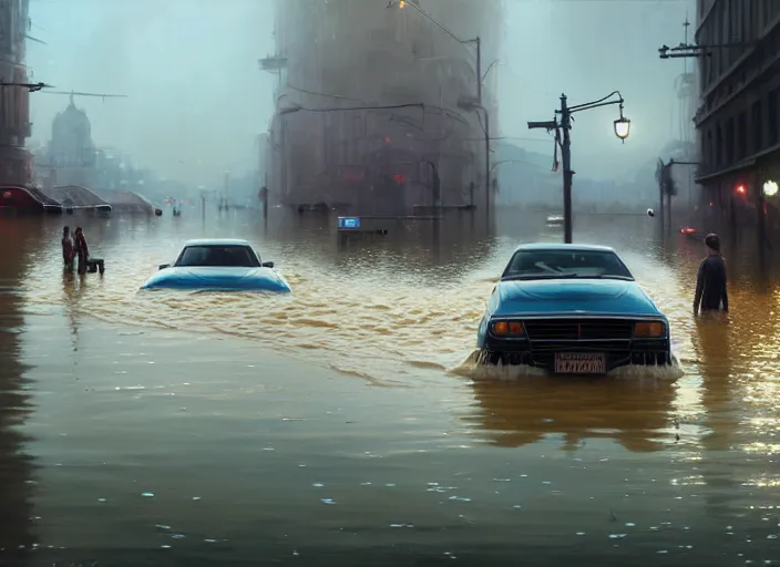 Image similar to cars driving through shallow water, flooded city, people walking through shallow water, muted colors, highly detailed, hyperrealistic, oil painting, intricate, cgsociety, artstation, 8 k, cinematic, soft lighting, by greg rutkowski, by wlop, by artgerm