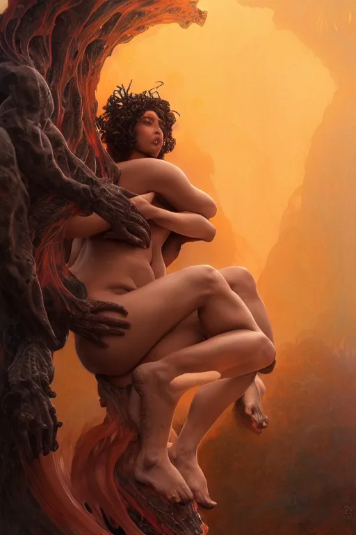 Prompt: body portrait of nymph goddess emerging from lava, ripped clothes, looming monster behind, by terry o'neill intricate, elegant, highly detailed, digital painting, glistening skin, artstation, concept art, smooth, sharp focus, volumetric lighting, bright colors, natural, illustration, art by artgerm and greg rutkowski and alphonse mucha, 8 k