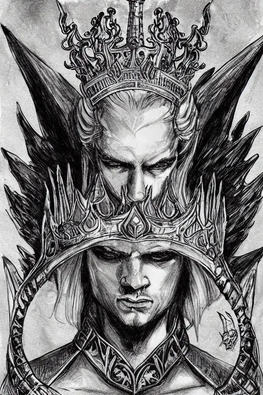 Prompt: mystical prince with bat wings, in a thorned crown, fantasy ink drawing by andrew mar