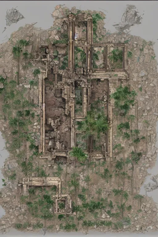 Image similar to full - color fantasy floor plan map of a ruined temple, by greg rutkowski and james gurney, trending on artstation