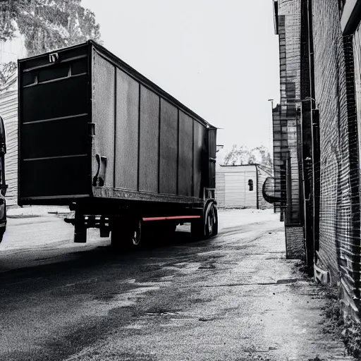 Prompt: two trucks having a makeout session in a back alley