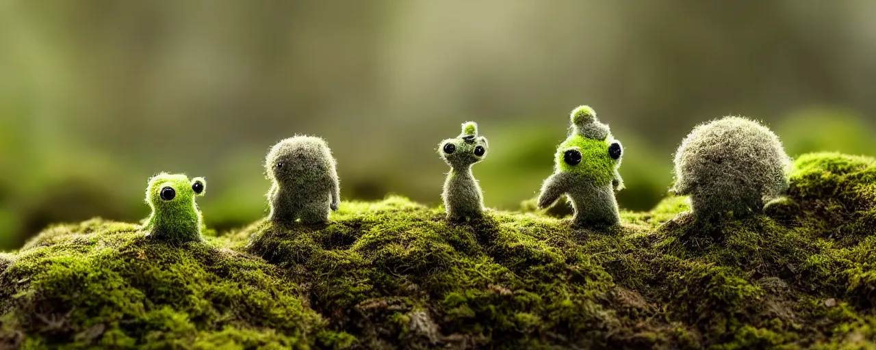 Prompt: tiny cute mossy forest creatures by bobby chiu, at sunset, macro photography, goro fujita, cute, adorable, cinematic