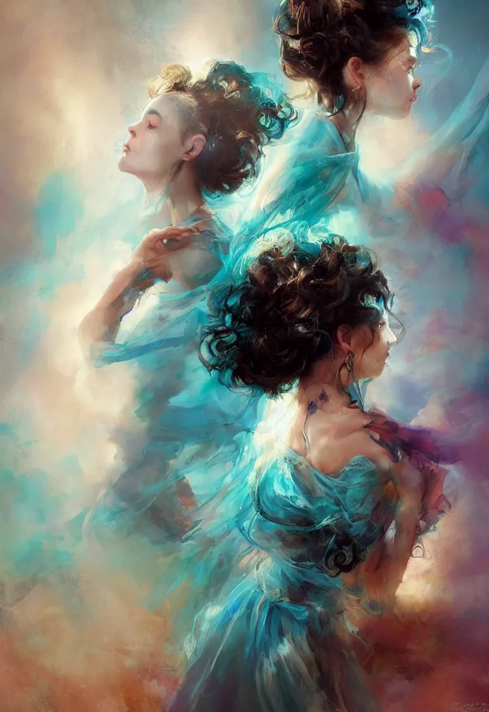 Image similar to full body portrait of a duo of 1 9 years old girl figures, curly messy high bun hairstyle, oriental tattoos, jewelry, subject wearing a high fashion gown, flowing, beautiful, dramatic, cinematic lighting, highly detailed, few vivid turquoise highlights, by ross tran and jeremy mann, artstation, pixiv, oil on canvas