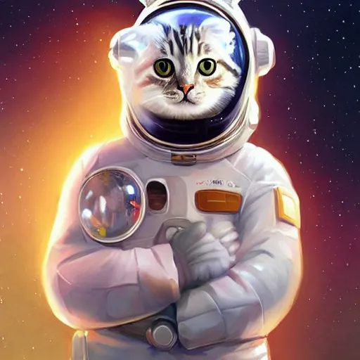 Image similar to head and shoulders masterpiece portrait of a cute adorable cat wearing a spacesuit, surreal background, digital art by krenz cushart, trending on artstation, cgsociety,