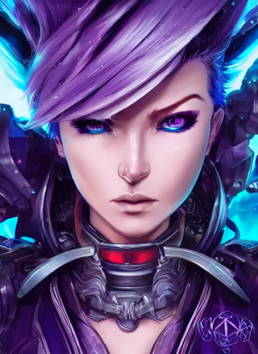 Prompt: close up portrait of sci - fi alleria windrunner with purple hair, pale blue backlight, powerful, domineering, stoic, intense, ultrafine hyperdetailed illustration by kim jung gi, irakli nadar, intricate linework, sharp focus, octopath traveler, yoji shinkawa, highly rendered, detailed, concept art